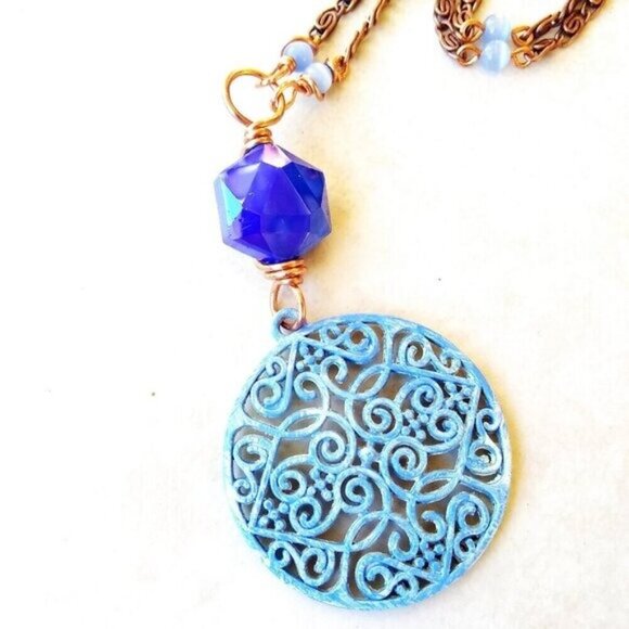 NEW! Patina Hand Painted Medallion + Blue Catseye + Copper Bohemian Necklace - Picture 8 of 10